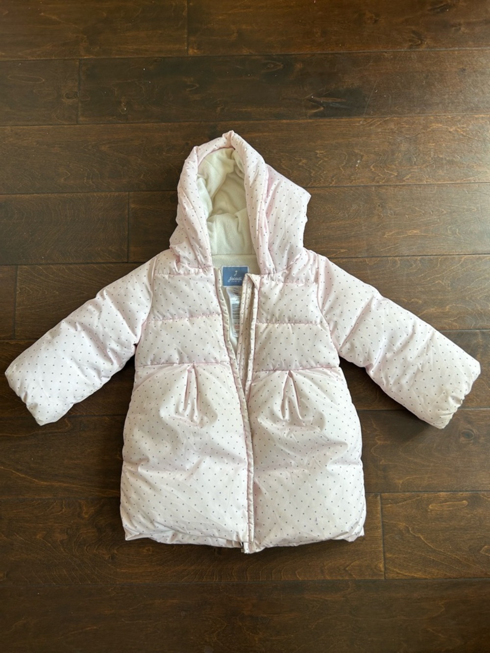Jacadi Paris Baby Girls Puffer Coat Jacket sz 24 M Polka Dot Pink Front Zip 4121